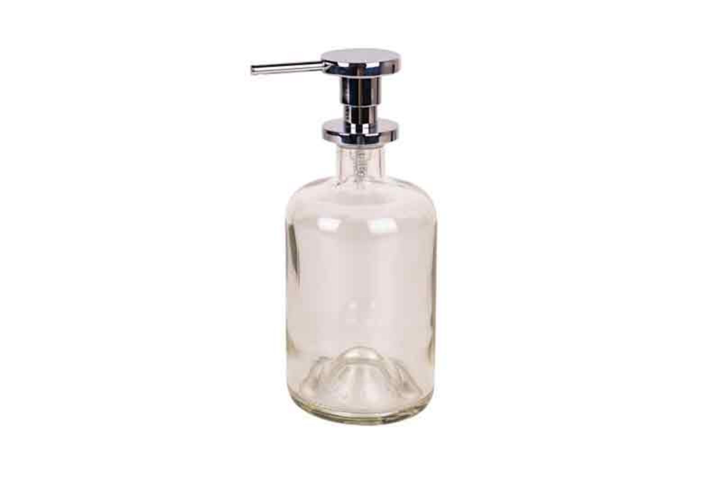 Dosatore sapone liquido (500ml ) in vetro TRASPARENTE - Dosatore sapone liquido (500ml ) in vetro TRASPARENTE - pompetta in ottone CROMO