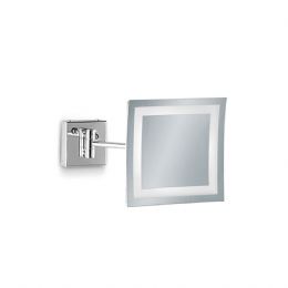 Magnifying wall mirror panel with LED lighting and sandblasted frame