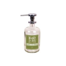 Dosatore sapone liquido (500ml ) in vetro TRASPARENTE - serigrafia MODERNA - sfondo VERDE - pompetta in ottone cromo