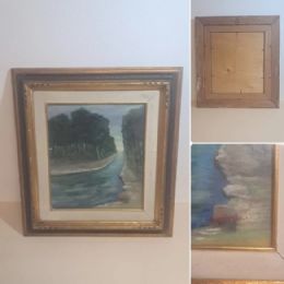 Quadro vintage paesaggio con fiume firmato cornice dorata