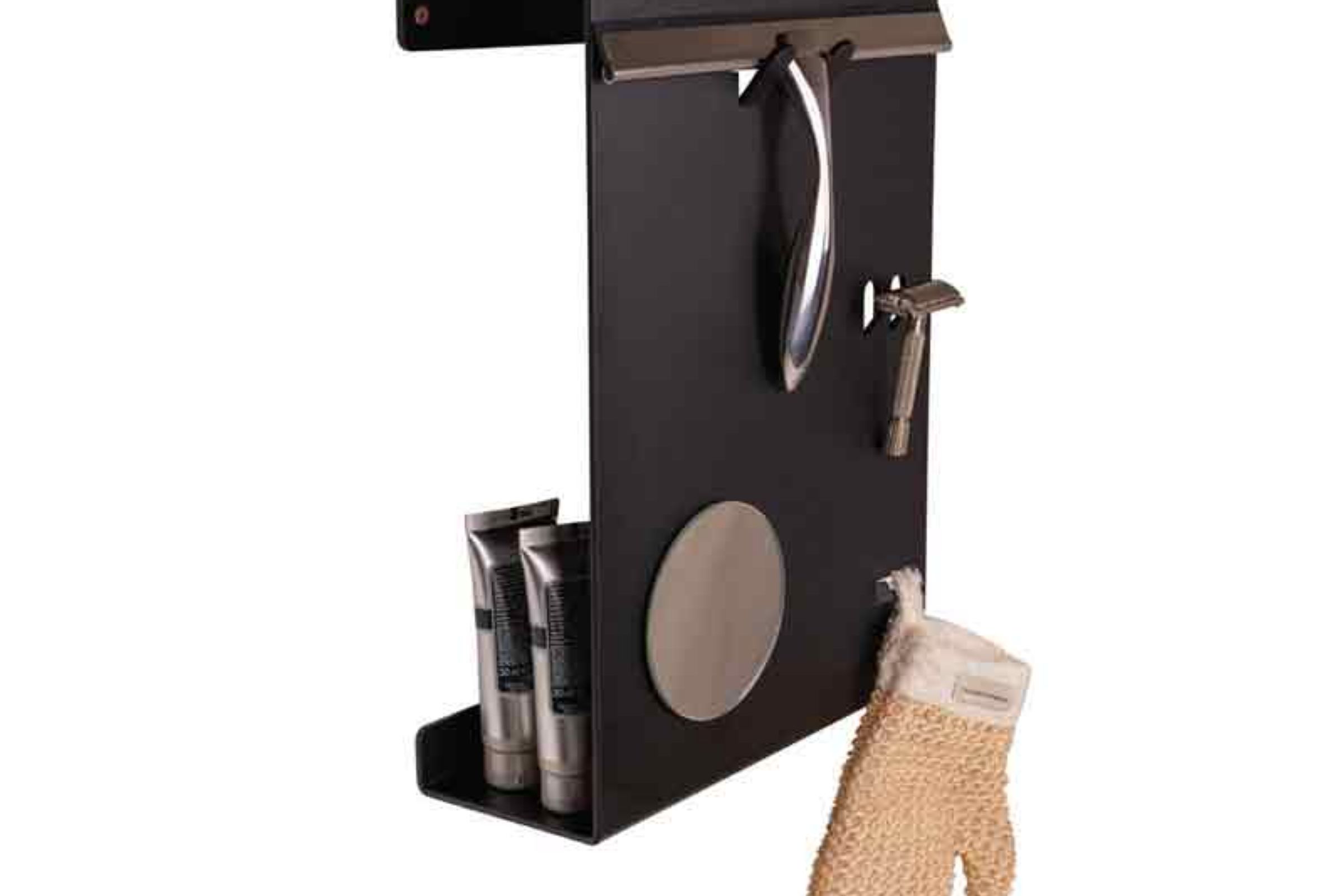 Mensola a parete porta oggetti da doccia: gancio per tergivetro, lametta e specchietto ingranditore (2x) Ø cm 10