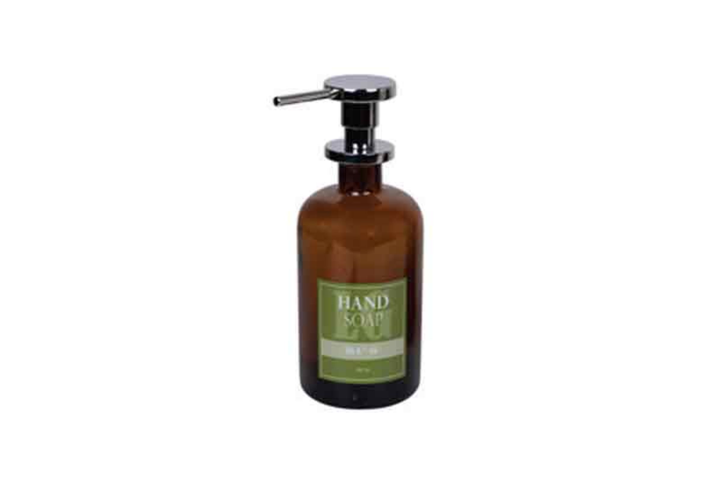 Dosatore sapone liquido (500ml ) in vetro AMBRA - serigrafia MODERNA - sfondo VERDE - pompetta in ottone cromo