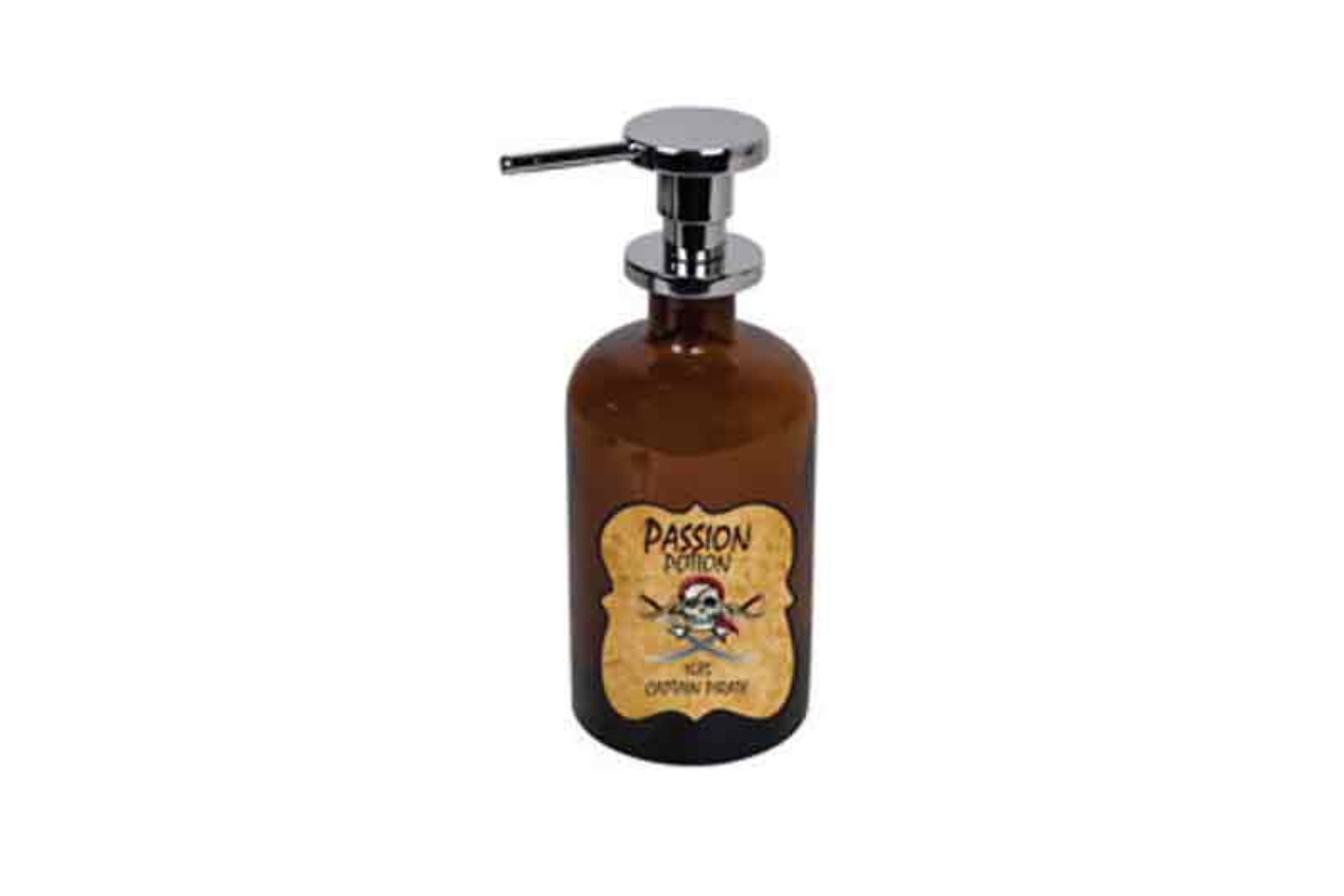 Dosatore sapone liquido (500ml ) in vetro AMBRA - serigrafia IL PIRATA - pompetta in ottone cromo