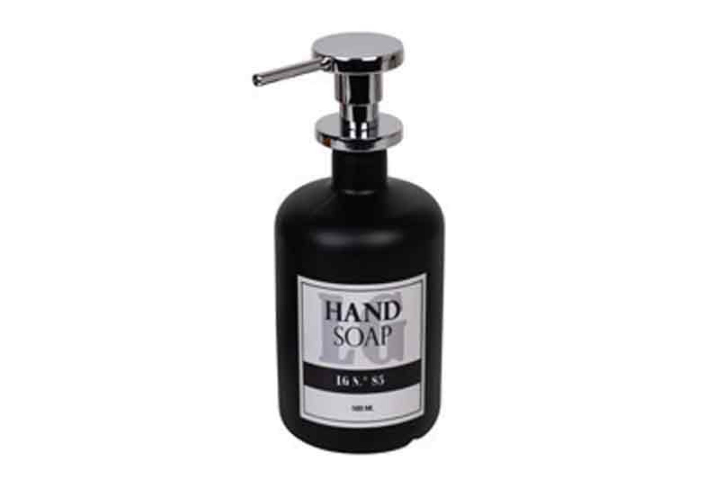 Dosatore sapone liquido (500ml ) in vetro NERO OPACO - serigrafia MODERNA - sfondo BIANCO - pompetta in ottone cromo