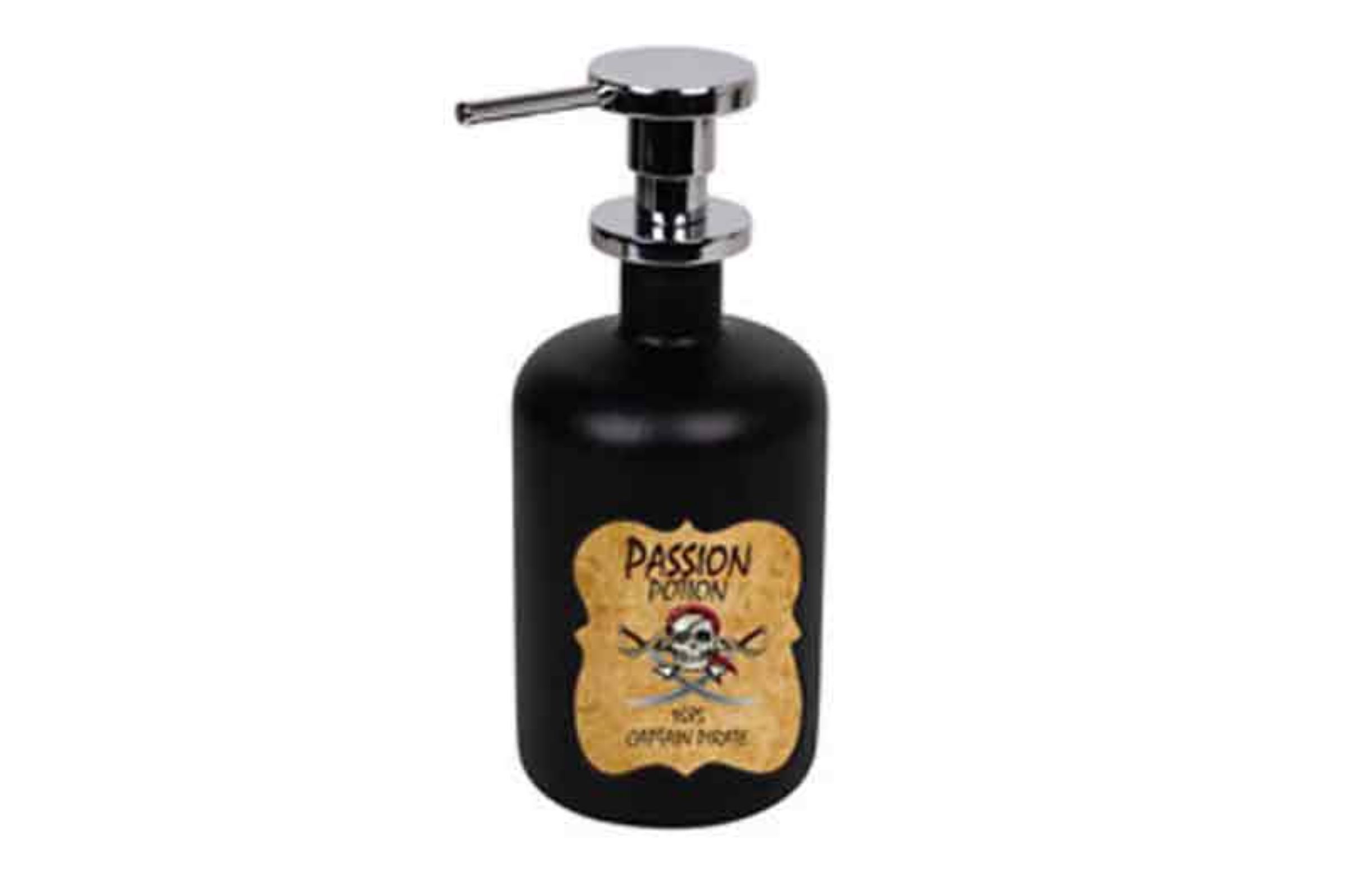 Dosatore sapone liquido (500ml ) in vetro NERO OPACO - serigrafia IL PIRATA - pompetta in ottone cromo
