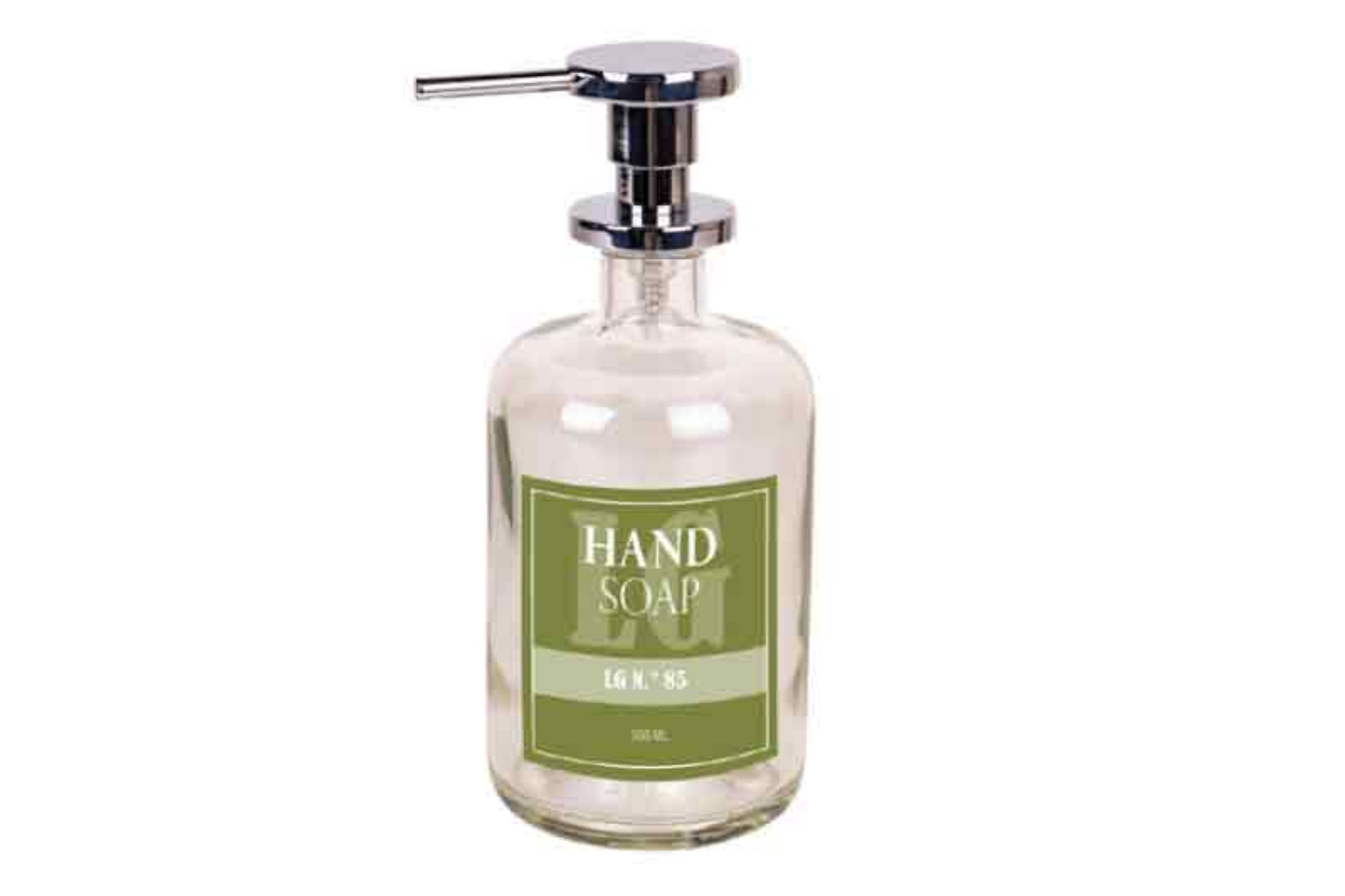 Dosatore sapone liquido (500ml ) in vetro TRASPARENTE - serigrafia MODERNA - sfondo VERDE - pompetta in ottone cromo