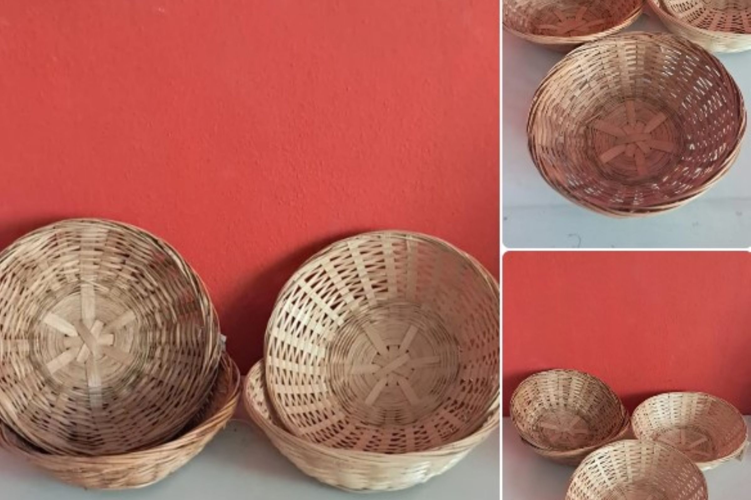 Set 6 cestini rotondi in bambù intrecciato naturale porta pane frutta stile rustico