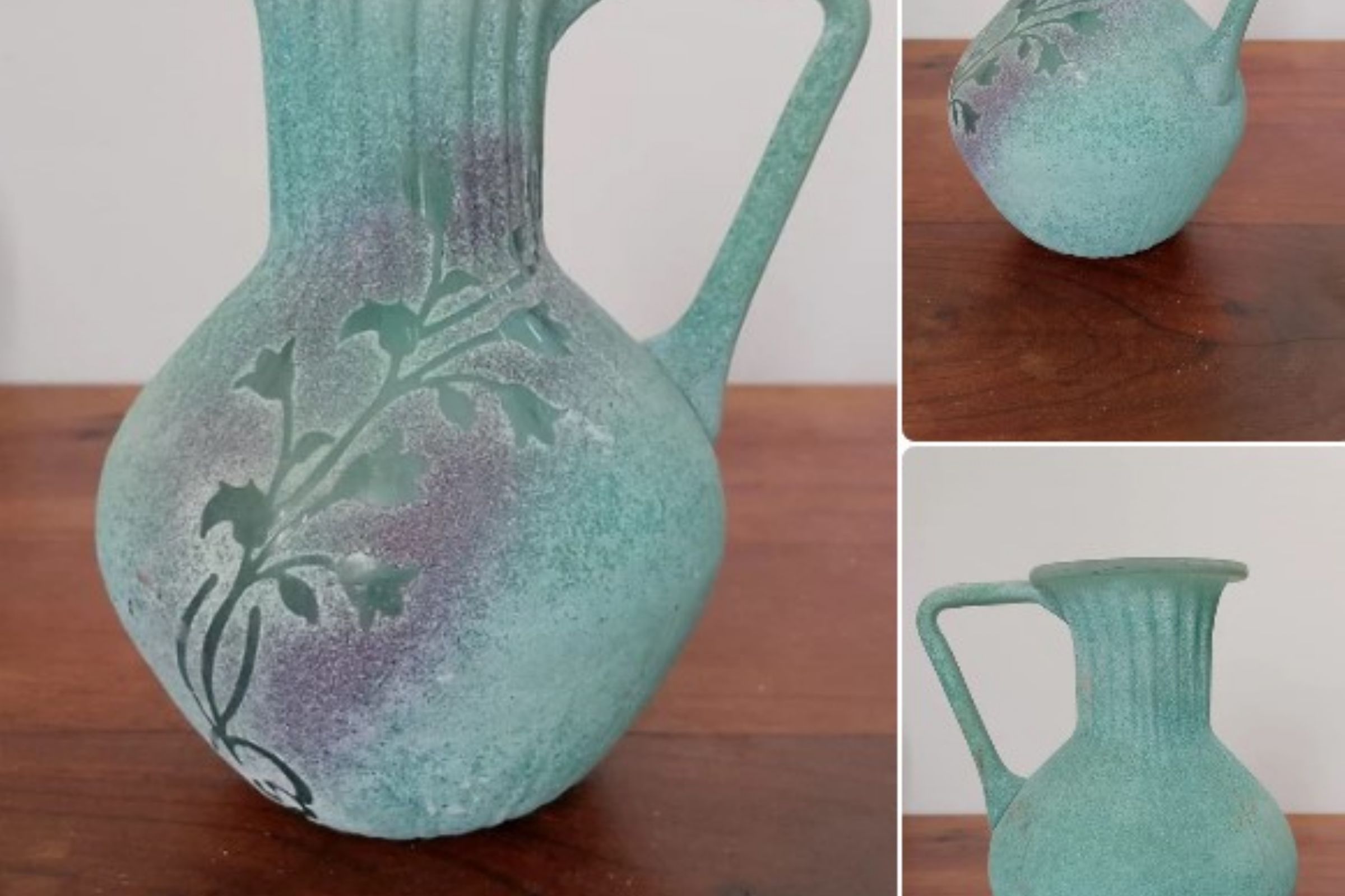 Brocca vaso vintage in vetro satinato verde acqua con decoro floreale