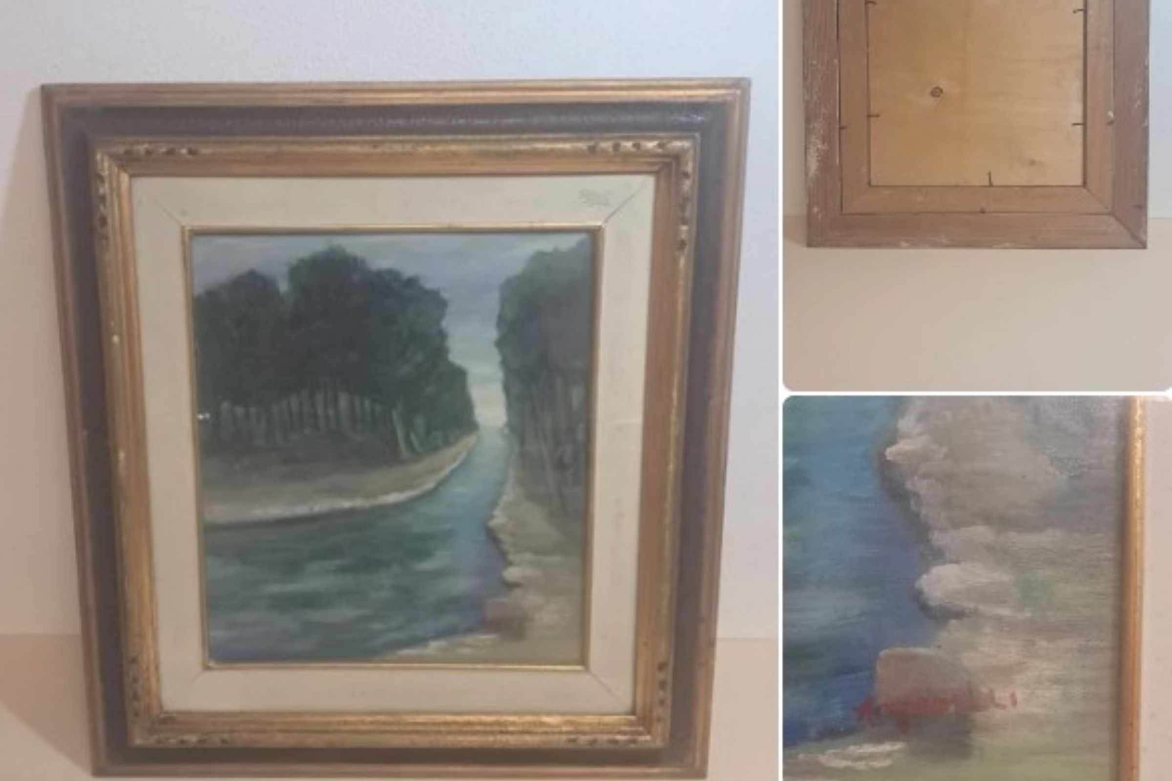 Quadro vintage paesaggio con fiume firmato cornice dorata