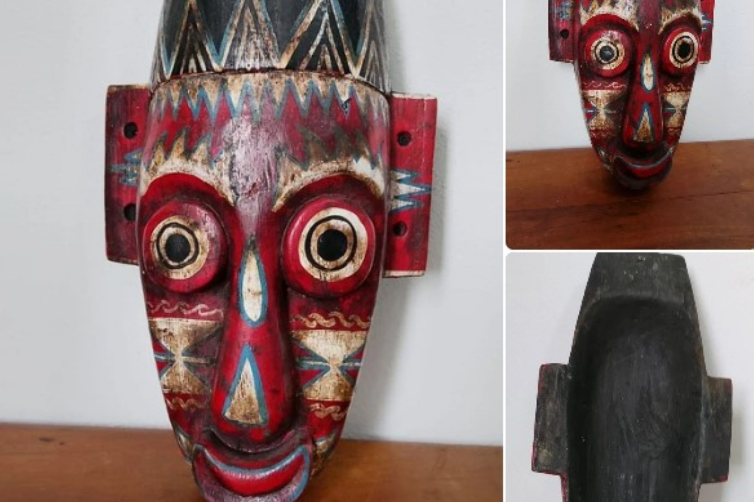 Maschera Tribale Legno Rossa e Nera Dipinta a Mano, Arte Etnica
