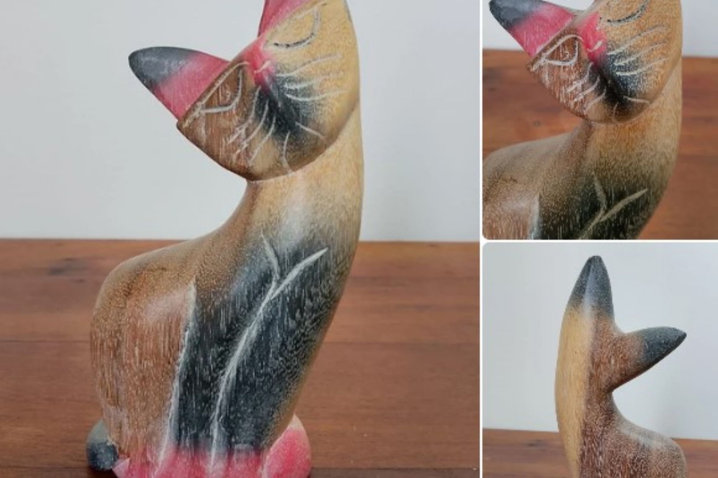 Statuina gatto in legno dipinto rosa e nero, stile moderno