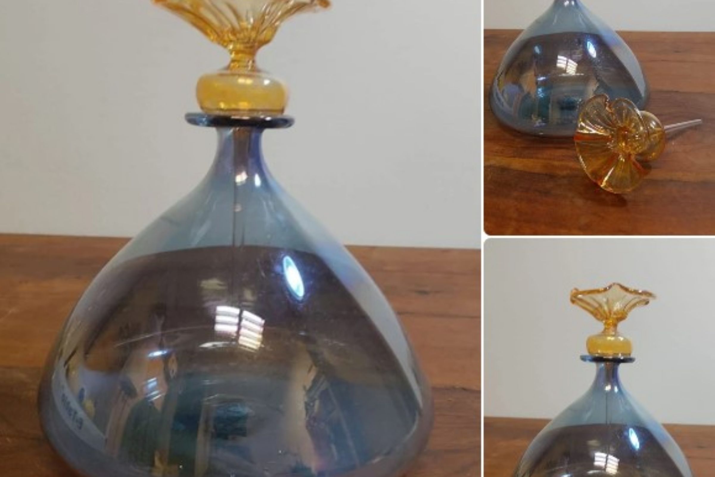 Decanter bottiglia vintage in vetro soffiato azzurro con tappo ambra