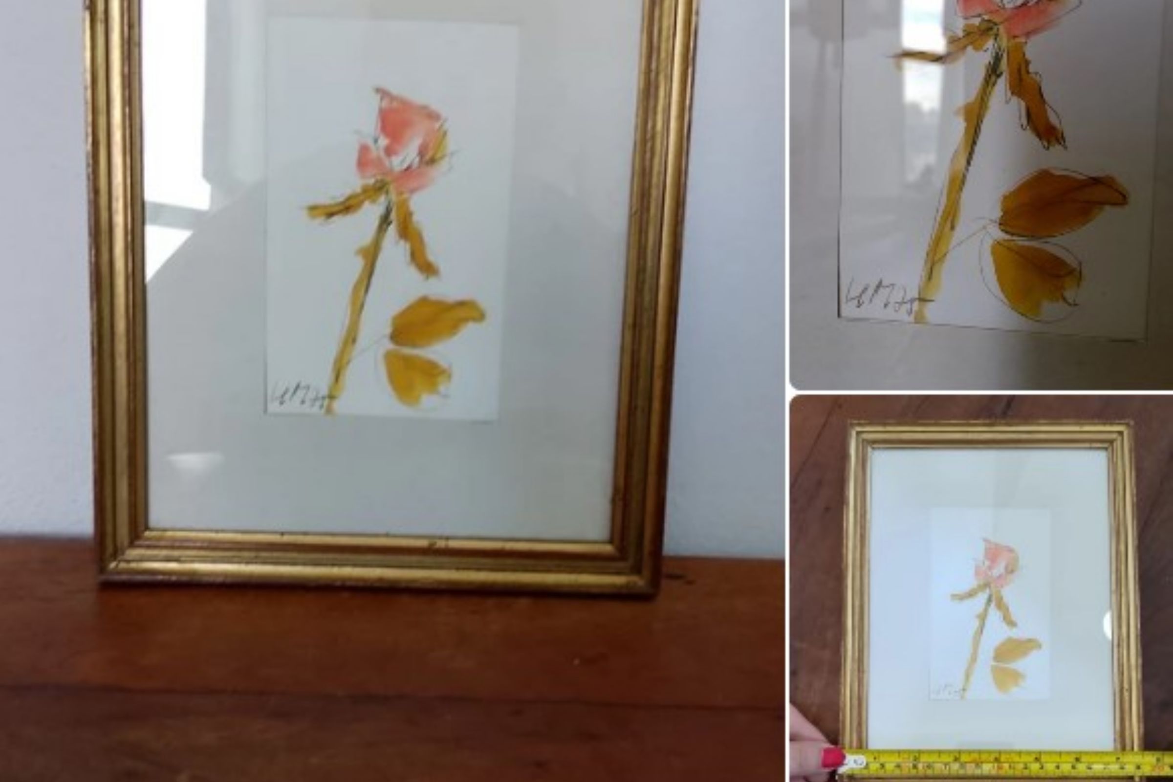 Quadretto vintage con rosa ad acquerello firmato