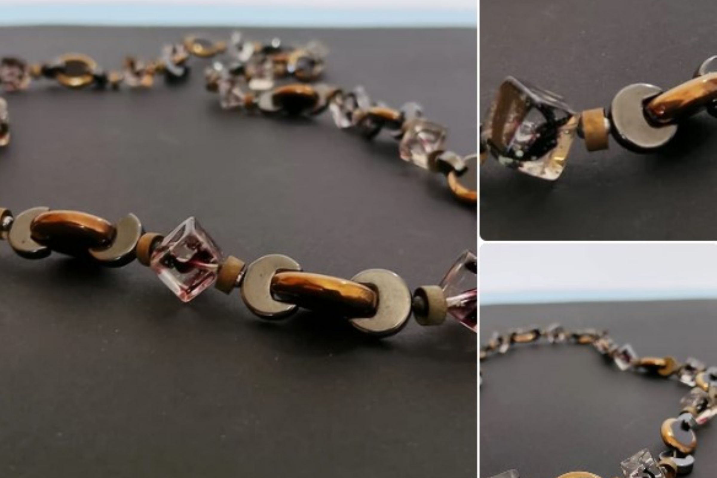 Collana lunga donna vintage con cubi trasparenti e inserti bronzo nero